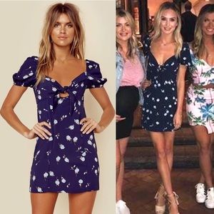 Blue Life Mara Mini Dress Blue Floral Tie Front Cut Out Puff Cap Sleeves XS